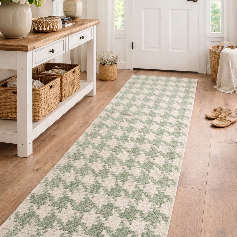 Green and White Houndstooth woven cotton Runner Rug 70 inch long